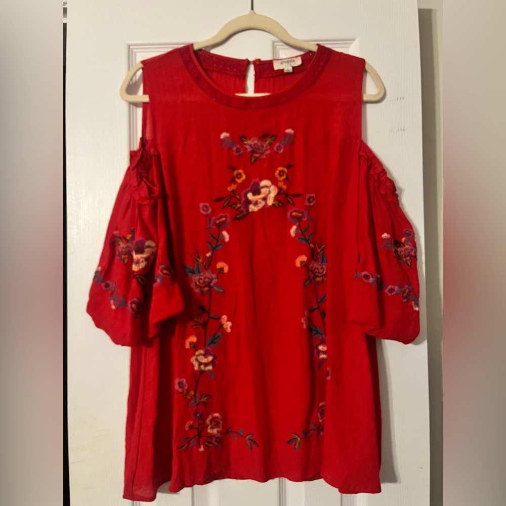 Red Floral Embroidered Cold Shoulder Top